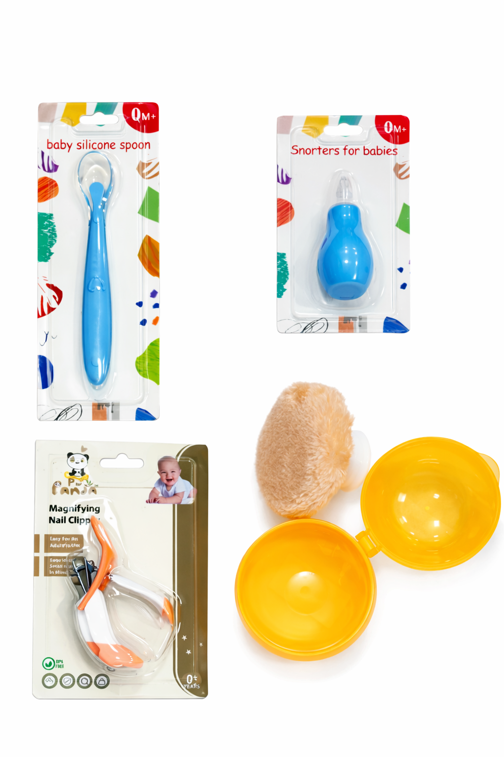 Complete Baby Care Set 👶✨ Powder Puff | Nose Cleaner | Magnifying Nail Cutter | Silicone Spoon