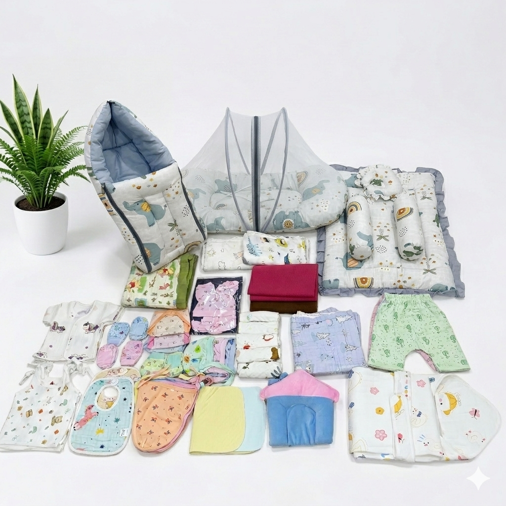 55 items newborn Care Plus kit Muslin- Elephant Print